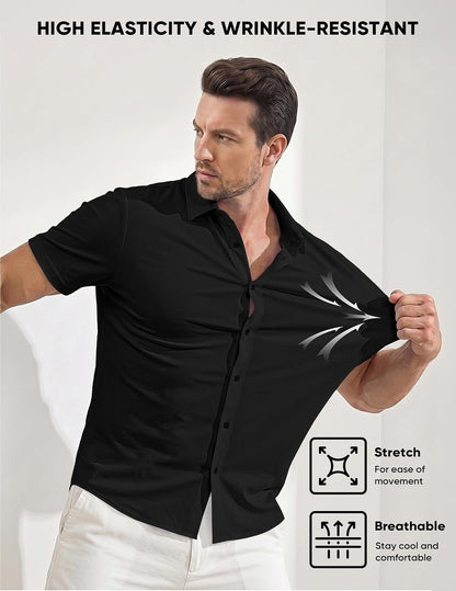 HOTJMIERR Men's Muscle Fit High Stretch Wrinkle-Free Button Down Dress Shirts Summer Casual Short Sleeve Shirt