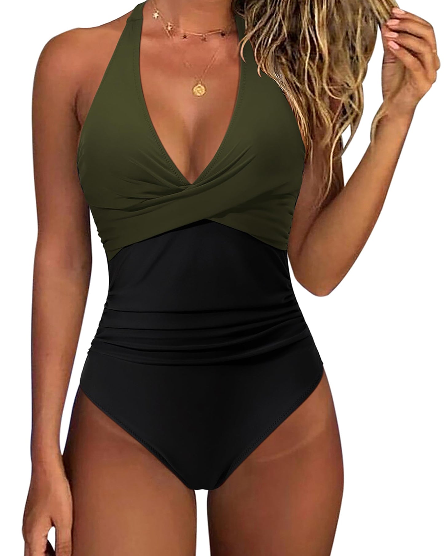 HOTSUUKSESS Women Sexy Tummy Control One Piece Swimsuits Halter Push Up Bathing Suits