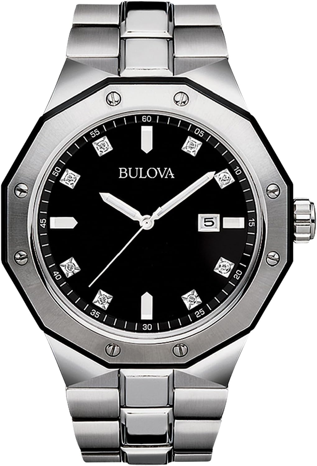 HOTBulova Men's Classic Stainless Steel 3-Hand Date Quartz Watch with Diamonds and Day Date, 44mm