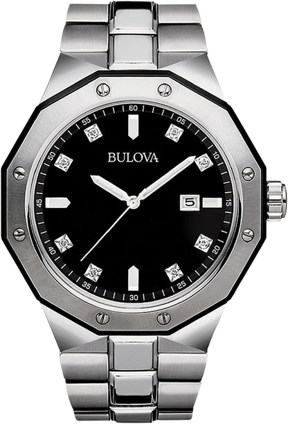 HOTBulova Men's Classic Stainless Steel 3-Hand Date Quartz Watch with Diamonds and Day Date, 44mm