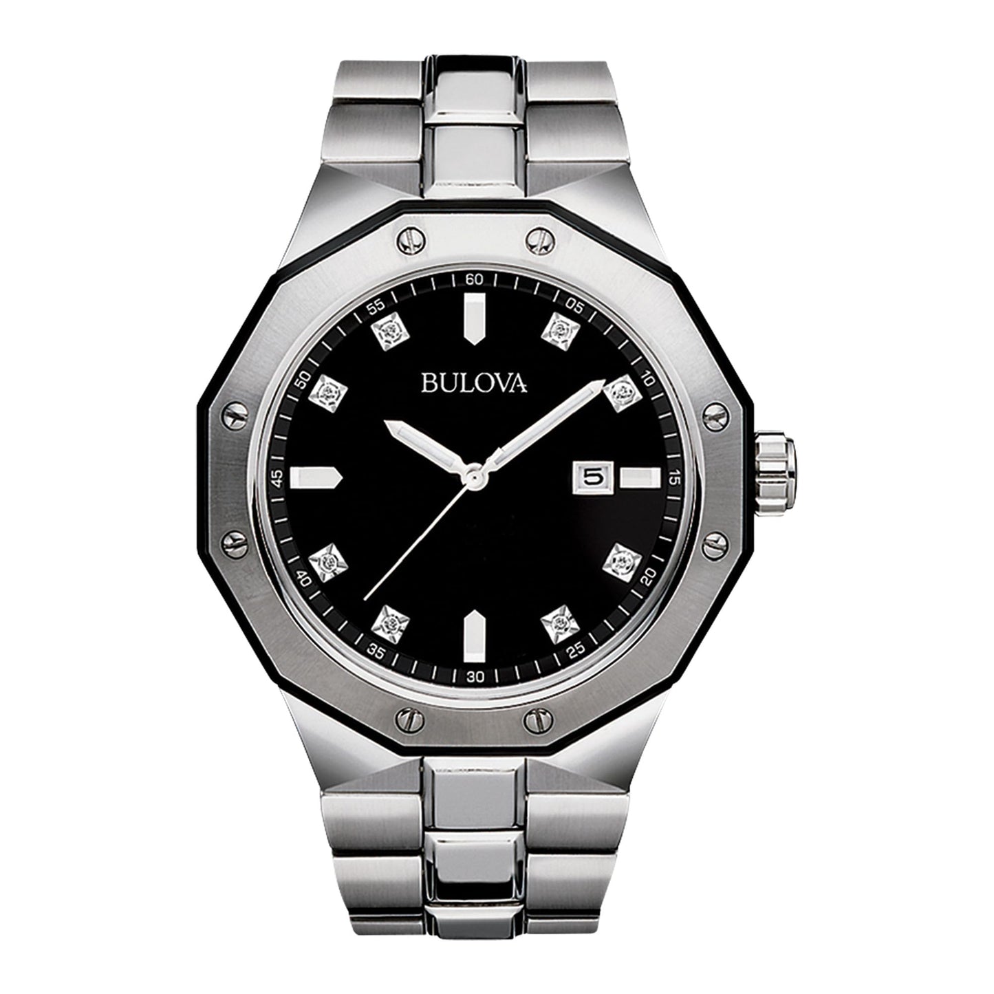 HOTBulova Men's Classic Stainless Steel 3-Hand Date Quartz Watch with Diamonds and Day Date, 44mm