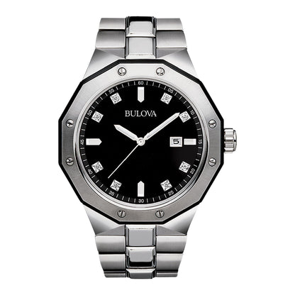 HOTBulova Men's Classic Stainless Steel 3-Hand Date Quartz Watch with Diamonds and Day Date, 44mm