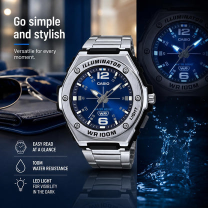 HOTCasio MWA100H Series | Men’s Analog Watch |100M WR | Stainless Steel Bezel | LED Illuminator Backlight with Afterglow | Resin Band | 3 Hands (HR, MIN, SEC) | 3 Year Battery