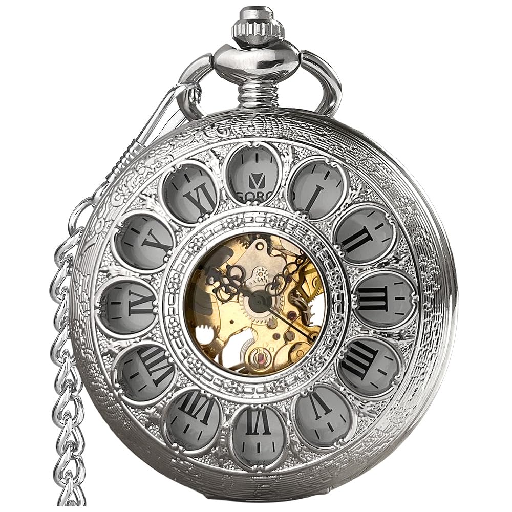 HOTVIGOROSO Mechanical Pocket Watches for Men Skeleton Pocket Watch with Chain | Vintage gold men's pocket watch,Hand wind up mechanical,Roman No. analog pocketwatch,Reloj de bolsillo para hombre,Gift ideal
