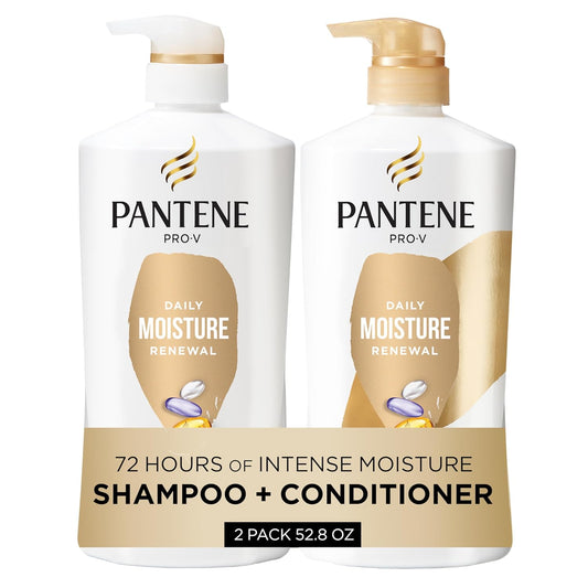 HOTPantene Shampoo & Conditioner Set, Daily Moisture Renewal - Pro-V Nutrients for Dry, Color-Treated, Straight to Curly Hair, 72-Hour Hydration & Softness, 52.8 Oz Total + Miracle Rescue Shot (0.5 Oz)