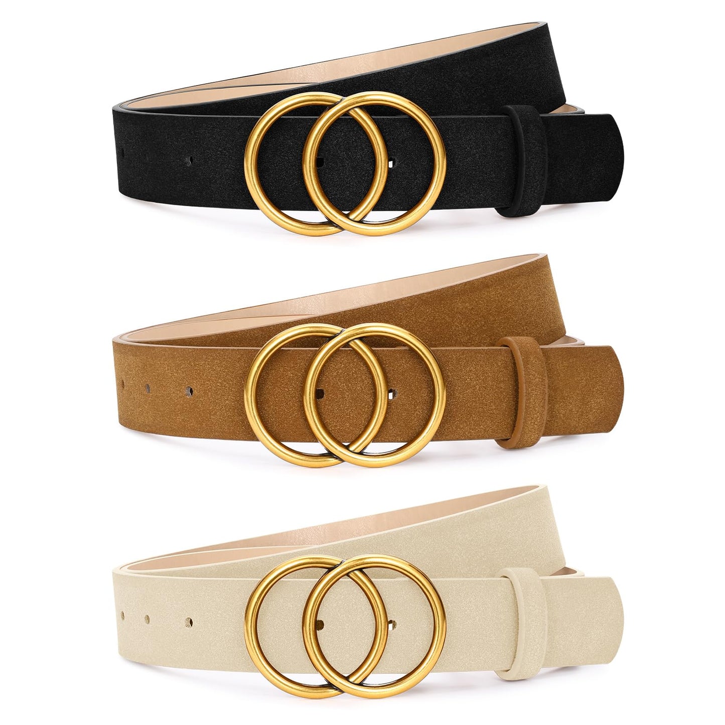 HOTSANSTHS 3 Pack Women Waist Belts for Jeans Pants Dresses, Ladies Belt with Double O-Ring Gold Buckle