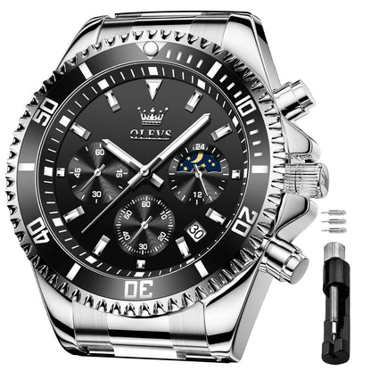 HOTOLEVS Men's Waterproof Watches Stainless Steel Waterproof Chronograph Wrist Watches Luxury Dress White Luminous Big Face Analog Quartz Male Watches