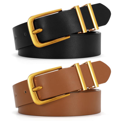 HOTSANSTHS 2 Pack Women Belt for Jeans Pants, Simple Fashion Ladies Waist Belt with Gold Buckle, 1inch Width