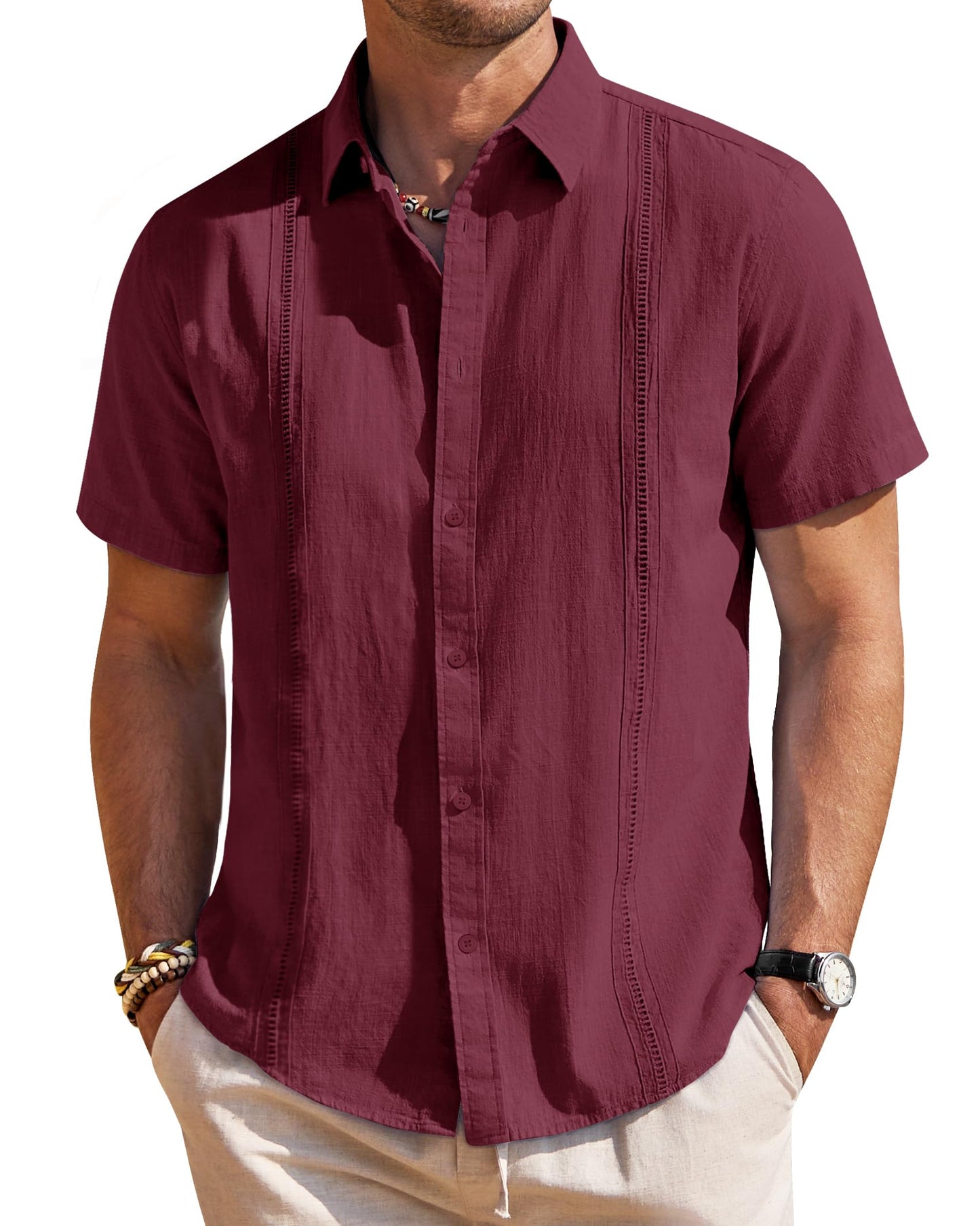 HOTMens Linen Textured Shirt Short Sleeve Button Down Cuban Guayabera Shirt | 100% Cotton, Casual Wear, Lightweight Breathable, Summer Beach, Untucked, Relaxed Fit, Vacation, Cruise, Camp, Collared