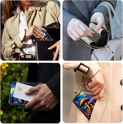 HOTCredit Card Holder for Women Men,RFID Blocking Small Card Case Wallet with Zipper,Leather Pocket Business Card Accordion Wallet-Mushroom Moon in the Forest