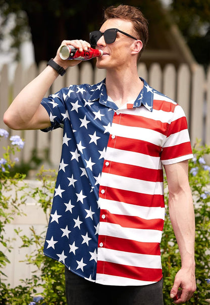 HOTArvilhill Men American Flag Button Shirt 4th of July Short Sleeve Shirts (S-3XL)