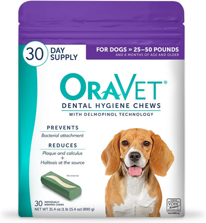 HOTORAVET Dental Chews for Dogs, Oral Care and Hygiene Chews (Medium Dogs, 25-50 lbs.) Purple Pouch, 30 Count | VOHC-accepted dual-action chew reduces plaque & tartar, freshens breath barrier vet-recommended purple pack