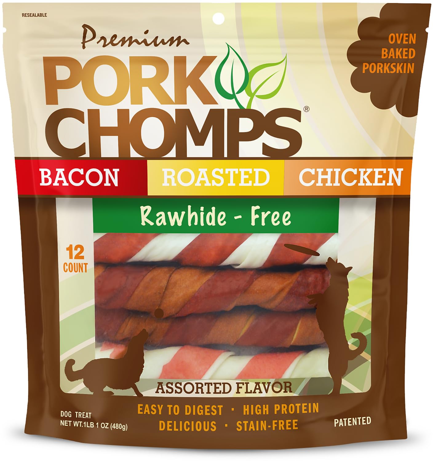 HOTPork Chomps Roasted Pork Skin Dog Chews, 6 Inch Twists, 15 Count - Long-Lasting Treats for Dogs - High Protein, Rawhide-Free, Low Fat, Healthy & Delicious Chews