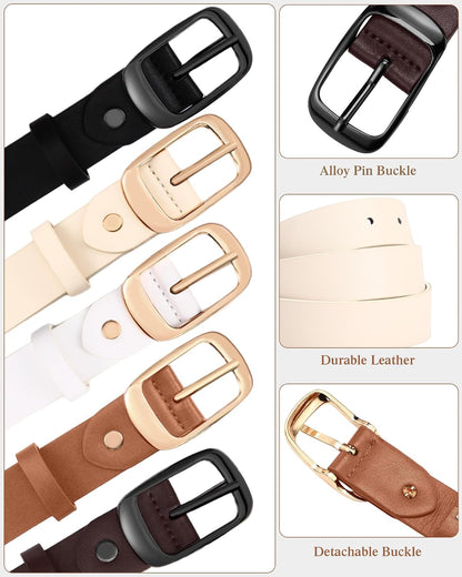 HOTSATINIOR 5 Pack Women Leather Belts for Jeans Ladies Waist Belt Women's Belt with Pin Buckle for Pants Dress