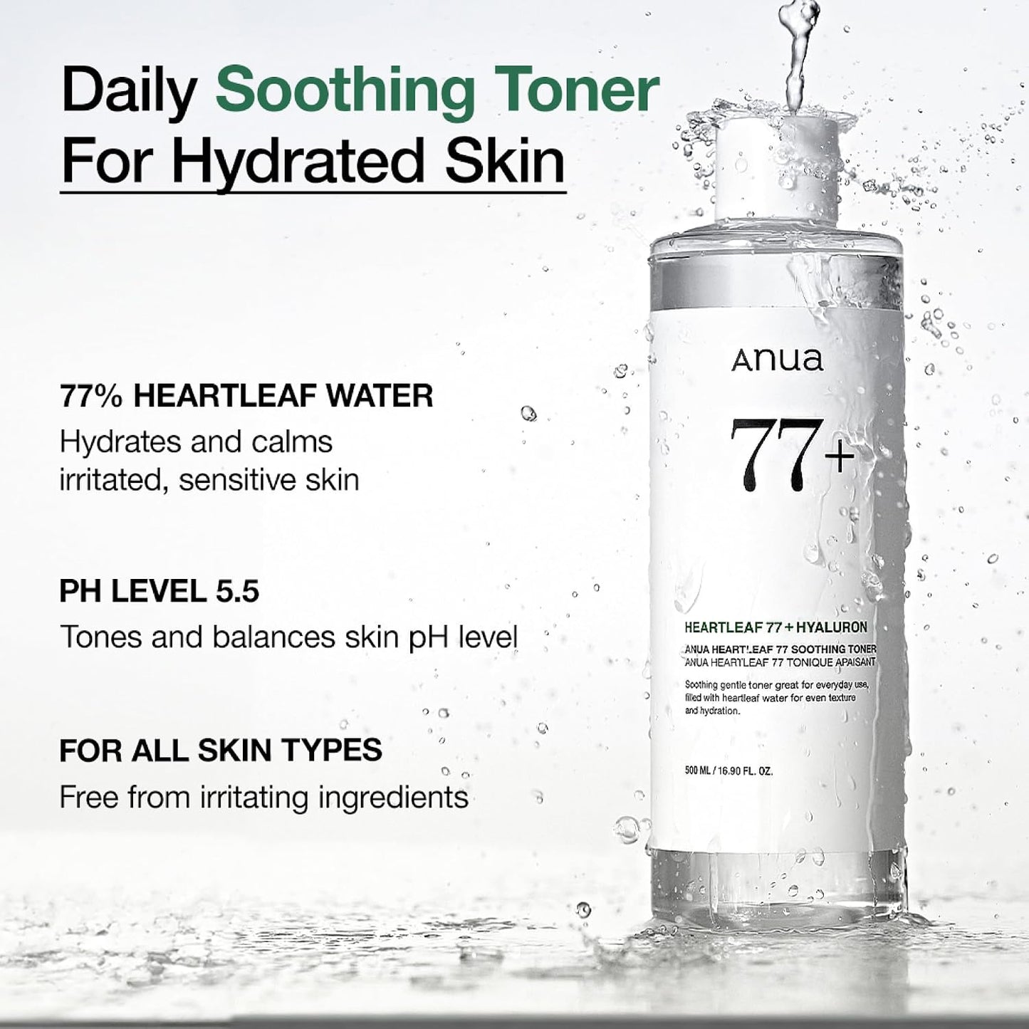 HOTAnua Heartleaf 77 Soothing Toner, Moisturizing & Calming Facial Toner for Glass Skin, Hyaluronic Acid, Lightweight Hydration for Sensitive Skin, Redness Relief, Korean Skincare, 8.45 fl.oz