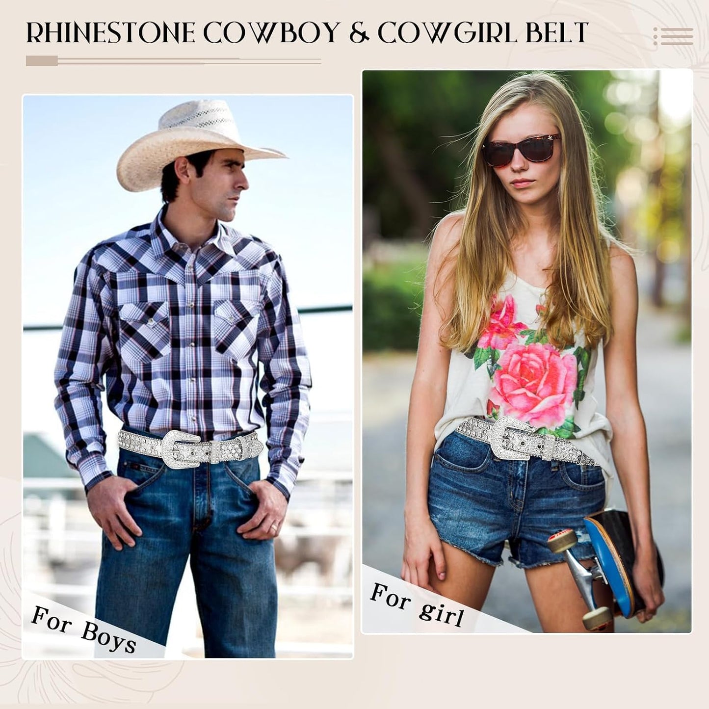 HOTMen Women's Rhinestone Bling Studded 1.5" Leather Belts for Jeans Pants with Fashion Silver Buckle