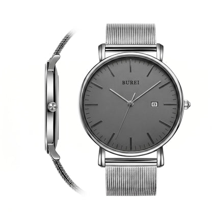 HOTBUREI Ultra Thin Minimalist Men Watch, All Black Stainless Steel Mesh Band,Analog Waterproof Casual Business Wristwatch, Gift for Father
