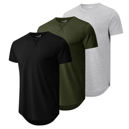 HOTMens 3 Pack Plain Cotton Shirts Short Sleeve Casual Crew Neck T-Shirts Hipster Hip Hop Longline Tees Drop Cut Curved Hem