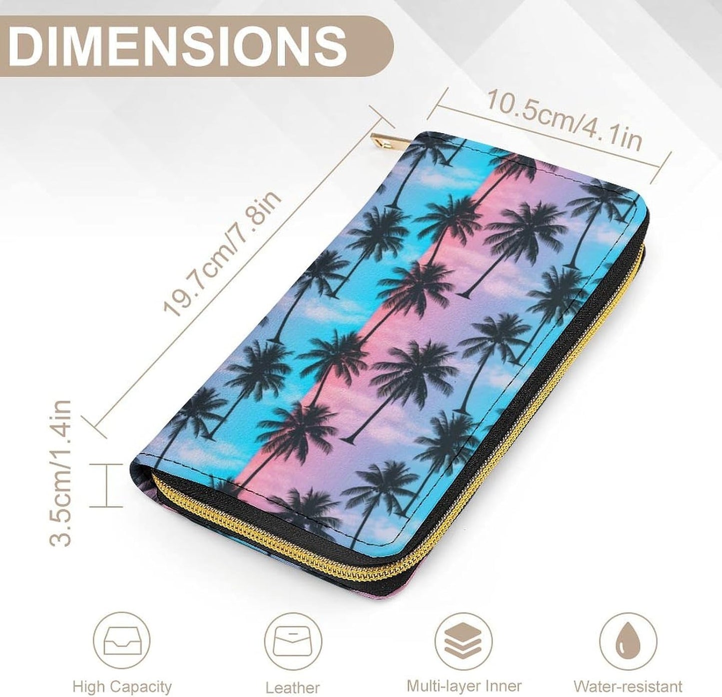 HOTUnisex Large Capacity Leather Wallet Purple Sky Palm Trees, Secure Lightweight Printed Design, Portable Purse for Daily Use & Outdoor Activities