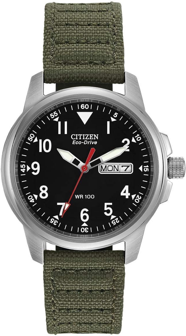 HOTCitizen Men's Eco-Drive Weekender Garrison Field Watch in Stainless Steel with Olive Nylon Strap, Black Dial (Model: BM8180-03E)