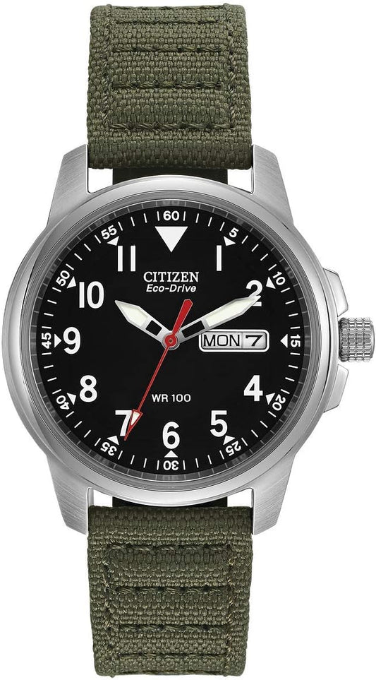 HOTCitizen Men's Eco-Drive Weekender Garrison Field Watch in Stainless Steel with Olive Nylon Strap, Black Dial (Model: BM8180-03E)