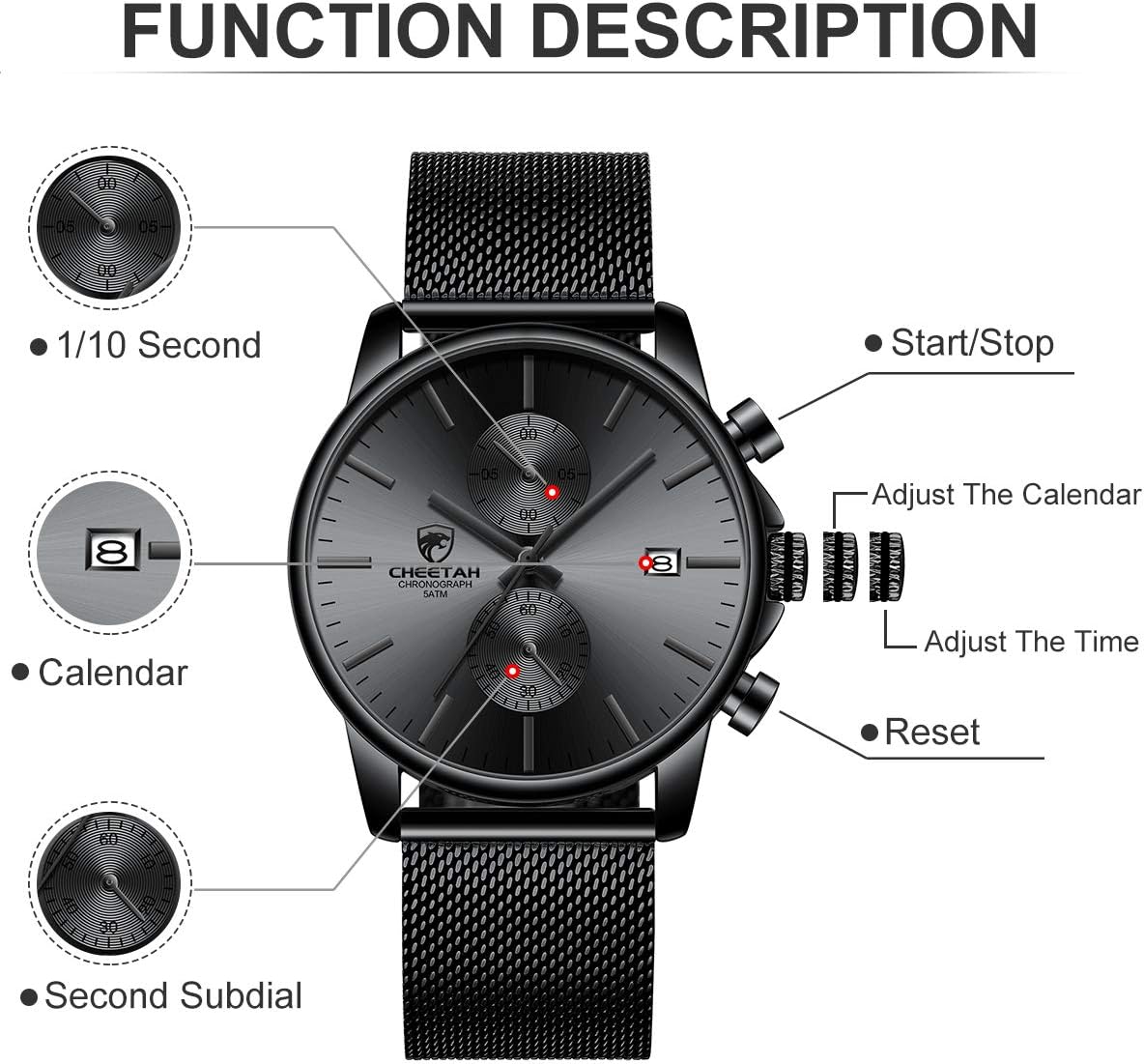 HOTGOLDEN HOUR Mens Watch Fashion Sleek Minimalist Quartz Analog Mesh Stainless Steel Waterproof Chronograph Watches for Men with Auto Date