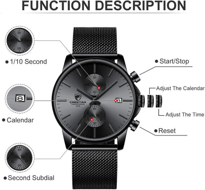 HOTGOLDEN HOUR Mens Watch Fashion Sleek Minimalist Quartz Analog Mesh Stainless Steel Waterproof Chronograph Watches for Men with Auto Date
