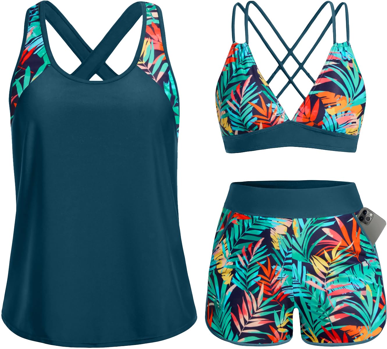 HOTWomen's 3 Piece Tankini Swimsuit Tummy Control with Bra Pocket Boy Shorts | Modest Bathing Suit, Athletic Style, Strappy-Back Support, High-Waist Fit, Built-In Brief, Side Pockets, Beach Swim Days