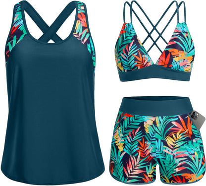 HOTWomen's 3 Piece Tankini Swimsuit Tummy Control with Bra Pocket Boy Shorts | Modest Bathing Suit, Athletic Style, Strappy-Back Support, High-Waist Fit, Built-In Brief, Side Pockets, Beach Swim Days