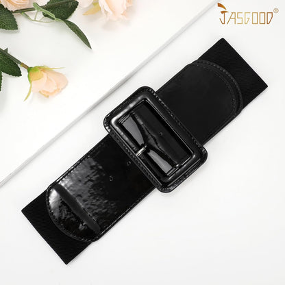 HOTJASGOOD Women Wide Stretchy Belt Vintage Elastic Waist Belt for Dresses Fashion Ladies Waist Belt with Patent Square Buckle