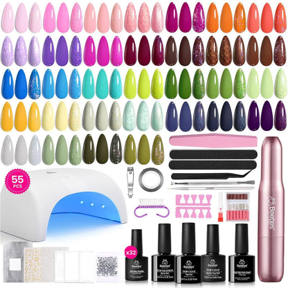 HOTBeetles Gel Nail Polish Kit with U V Light - 80Pcs 55 Colors Gel Nail Kit | Color Enchantment with Everything Base Top Coat Beginner Starter at Home Nails Kit Manicure DIY Salon Tools Gifts for Women