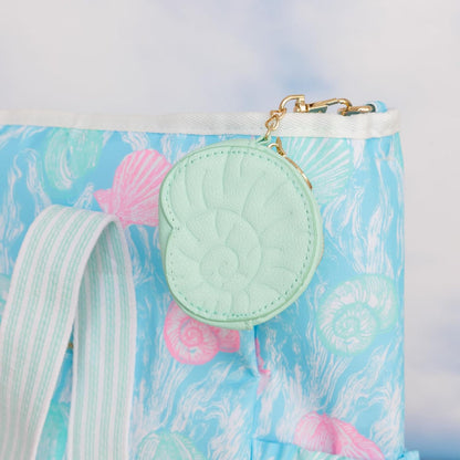 HOTLilly Pulitzer Shell Mini Keychain Pouch, Mint Green Shell | 3" x 3" x 1.75" Cute Leatherette Coin Purse Bag Charm with Gold Clip & Logo Charm Zipper Pull