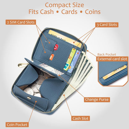 HOTSmall Leather Travel Wallet for Women, RFID Blocking Zip Around | Minimallist Wallet with Coin Purse & Card Slots, Compact Casual Wallet for Women's Travel and Gift Box Ready (Navy Blue)