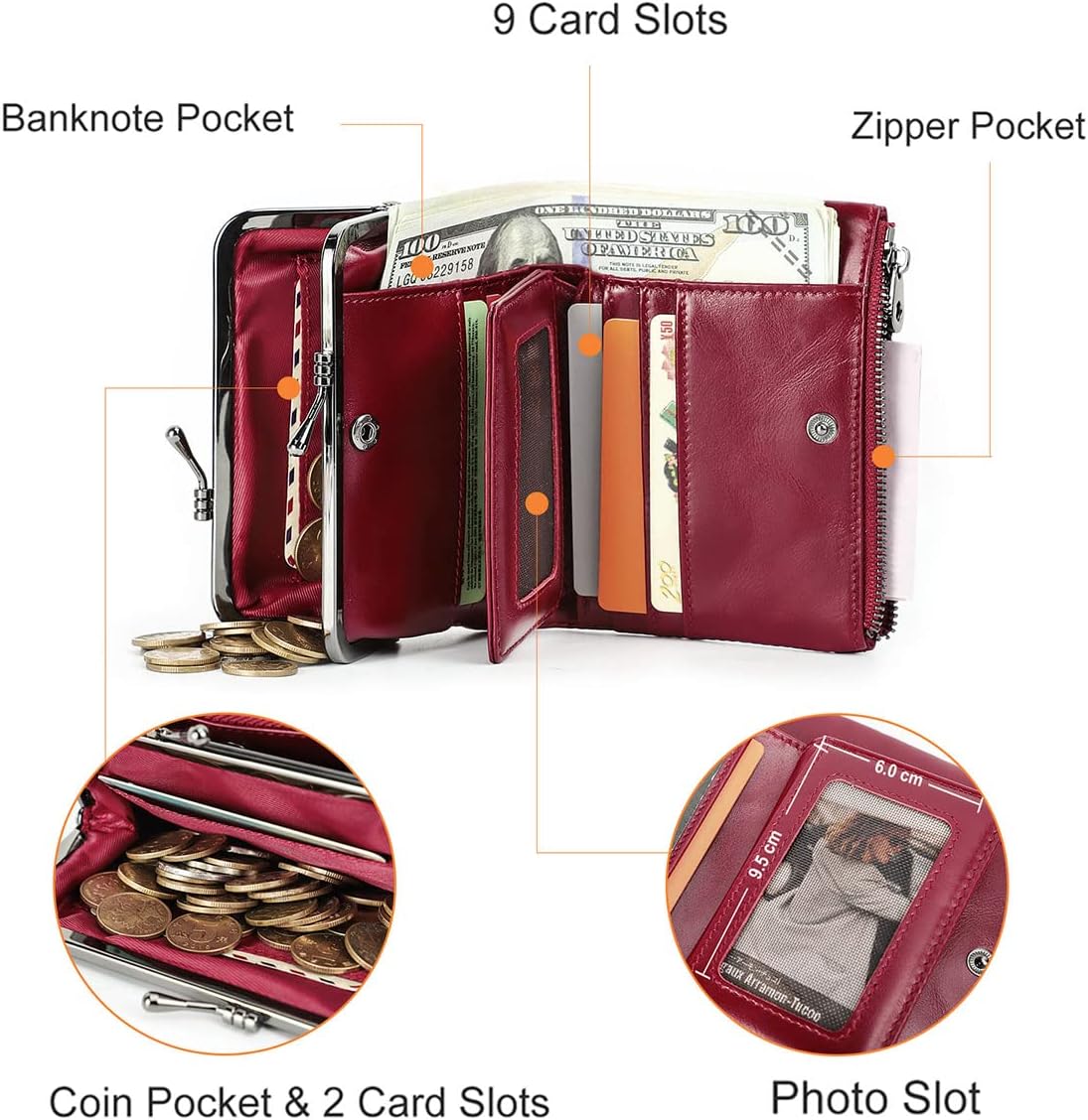 HOTCONTACTS Womens Kiss Lock Wallet Leather Small Zipper Coin Purse Red Bifold Rfid Clasp Wallet Card Holder with Photo Window