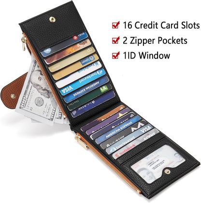 HOTBOSTANTEN Leather Wallets for Women Large RFID Blocking Slim Bifold Purse Card Holder with Zipper Pocket Black＆Brown