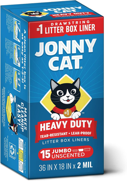 HOTJonny Cat Litter Box Liners: Heavy Duty - Tear & Leak Resistant - Drawstring Close - Jumbo, 15 Count