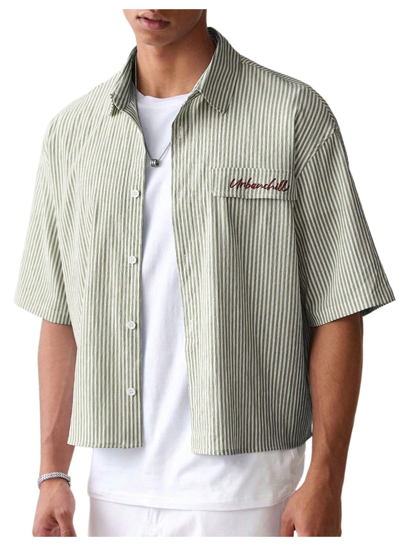 HOTGORGLITTER Men's Striped Button Down Up Cropped T Shirt Short Sleeve Letter Summer Vacation Shirts Boxy Tees Streetwear | Vintage Gingham Shirt, Drop Shoulder Crop Top, Y2K Streetwear, Summer Vacation Clothes