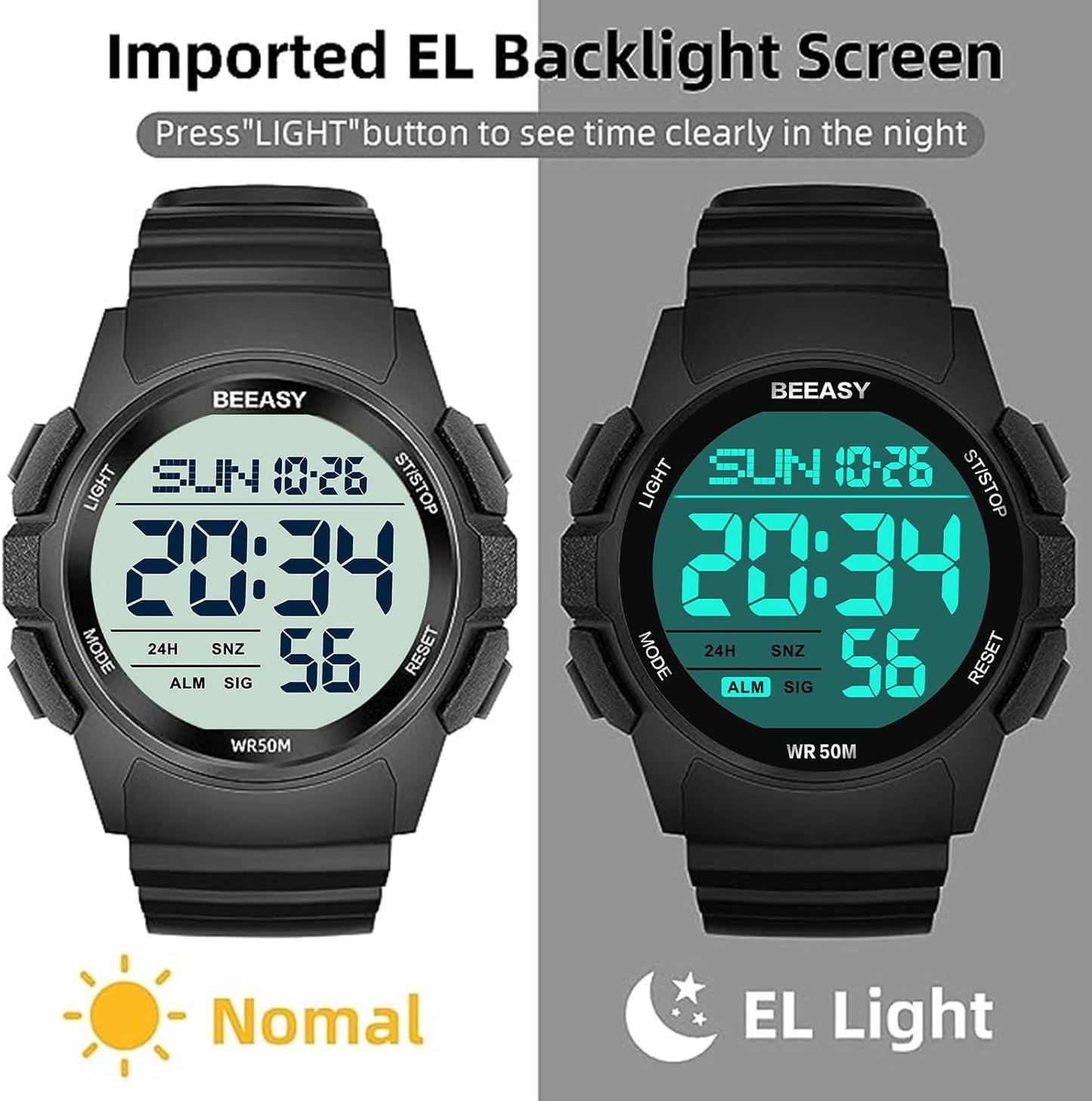 HOTBeeasy Mens Digital Sports Watch, 50M Waterproof 49mm Rubber Strap Mens Watches with Stopwatch, Countdown Timer, Alarm & Dual Time—Ideal for Sport, Gym, Running, Referee, School & Daily Wear