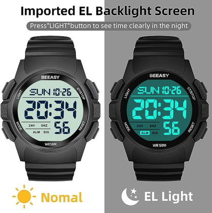 HOTBeeasy Mens Digital Sports Watch, 50M Waterproof 49mm Rubber Strap Mens Watches with Stopwatch, Countdown Timer, Alarm & Dual Time—Ideal for Sport, Gym, Running, Referee, School & Daily Wear