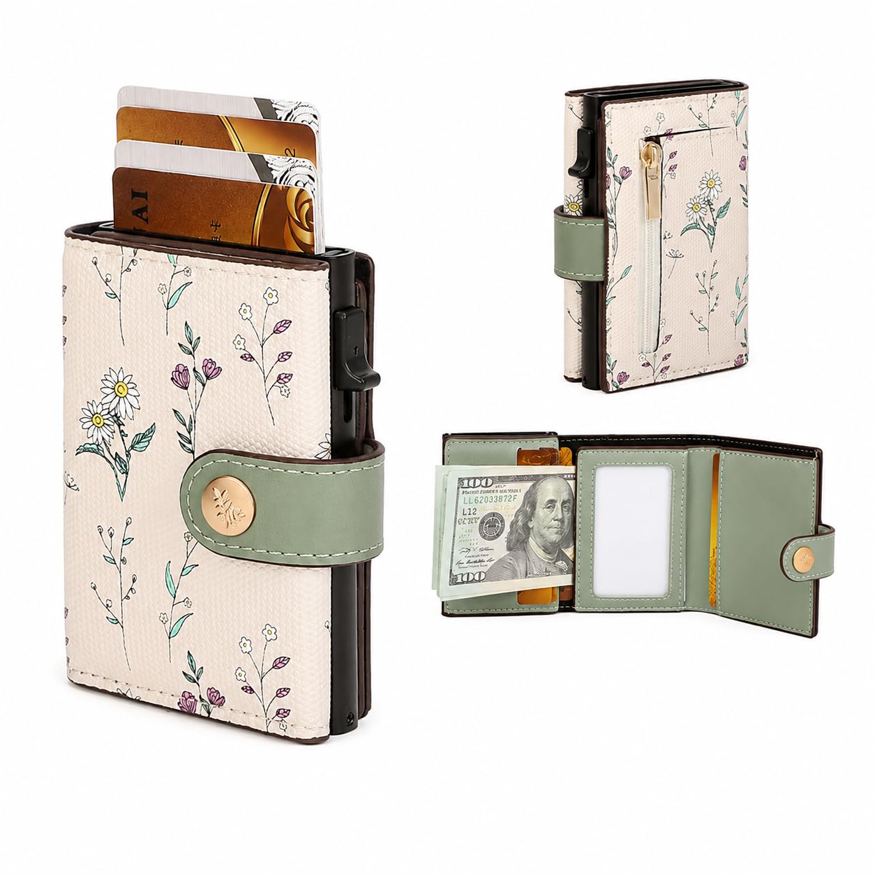 HOTRFID Blocking Trifold Women's Wallet, Slim Floral Leather Card Holder with Multiple Card Slots (Purple)