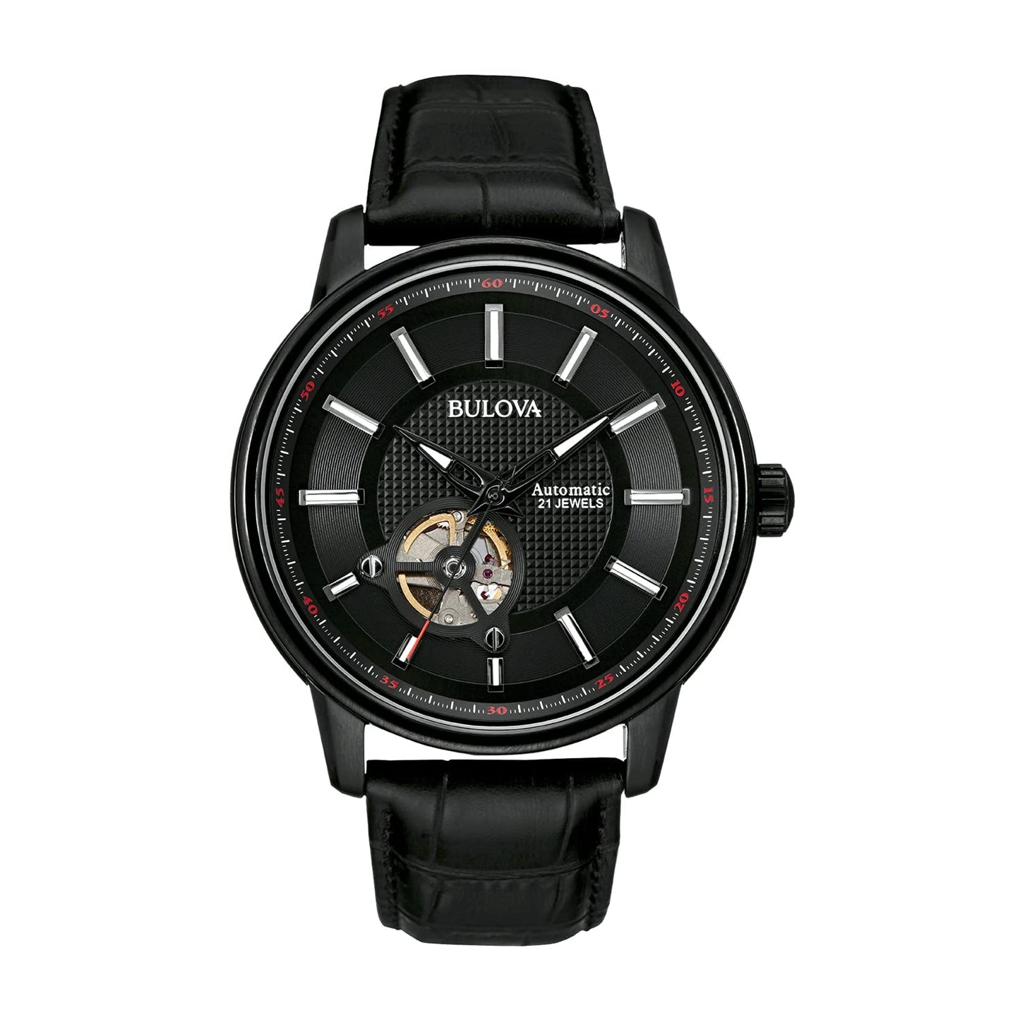 HOTBulova Men's Classic 3-Hand Automatic Leather Strap Watch, 21-Jewels, Hack Feature, Luminous Hands and Markers,Open Aperture and Exhibition Case Back