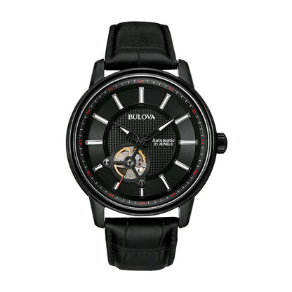 HOTBulova Men's Classic 3-Hand Automatic Leather Strap Watch, 21-Jewels, Hack Feature, Luminous Hands and Markers,Open Aperture and Exhibition Case Back