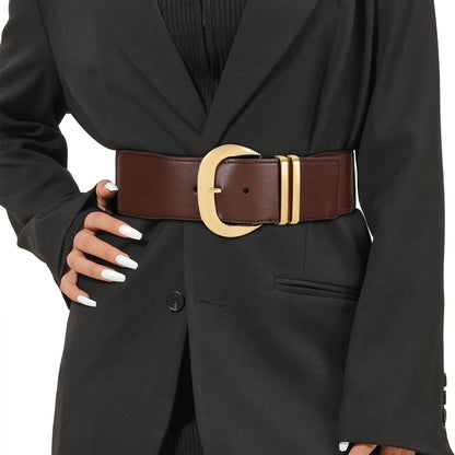 HOTWHIPPY Women Wide Elastic Waist Belt for Dresses Fashion Gold Buckle Stretchy Leather Waistband for Ladies