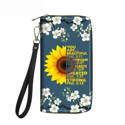 HOTWomen's Large Capacity Wallet PU Leather Double Zipper Clutch Purse Multifunctional Wallet with Removable Wristlet Strap for Smart Phone/Coin/Card/Cash, Floral Quotes Bible Verse Philippians 4-13