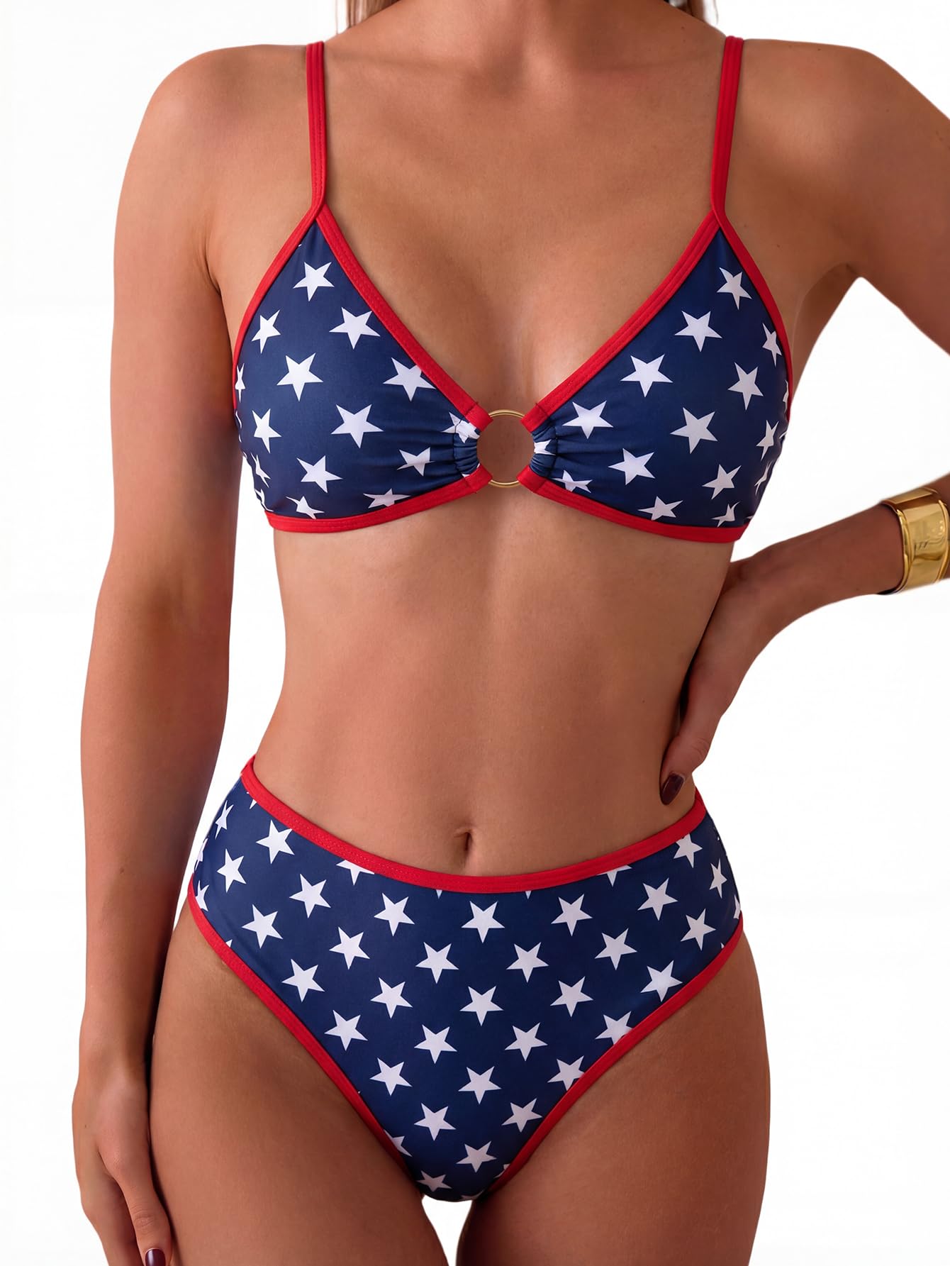 HOTTainehs Women's Two Piece Bikini Sets O Ring Front Top Ditsy Floral Triangle Swimsuits Cheeky Bathing Suit