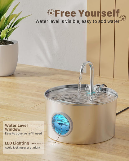 HOTCat Water Fountain Stainless Steel: 74oz/2.2L Cat Fountain for Drinking - Pet Water Fountain for Cats Inside - Quiet Cats Water Bowl Dispenser - Kitty Drinking Fountains - for Pets& Small Animals