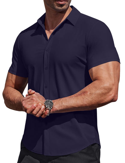 HOTCOOFANDY Mens Muscle Fit Dress Shirts Stretch Wrinkle Free Short Sleeve Button Down Shirt Casual Solid Untucked Shirt