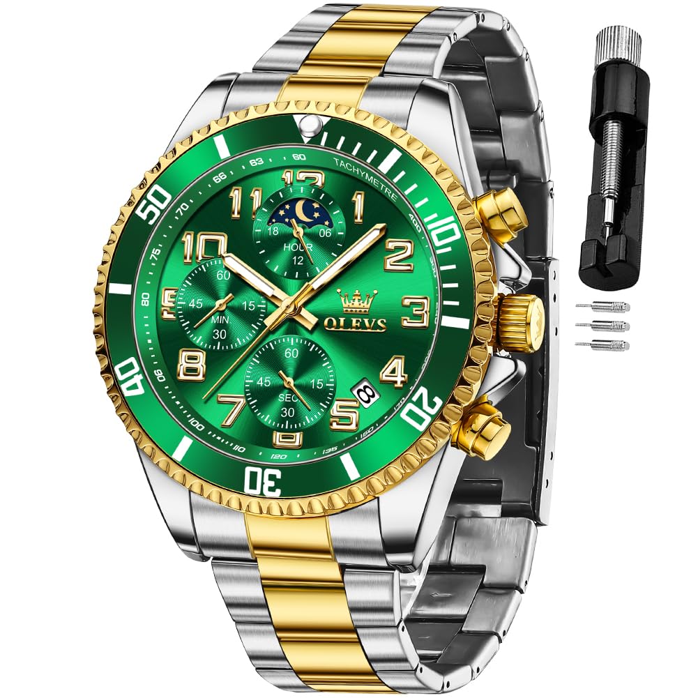HOTOLEVS Mens Watches Chronograph Luxury Dress Moon Phase Two Tone Stainless Steel Waterproof Luminous Business Calendar Wrist Watch