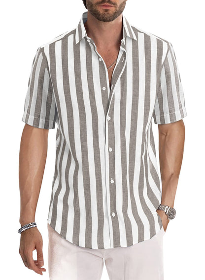 HOTJMIERR Men's Casual Stylish Short Sleeve Button-Up Striped Dress Shirt Cotton Beach Shirts