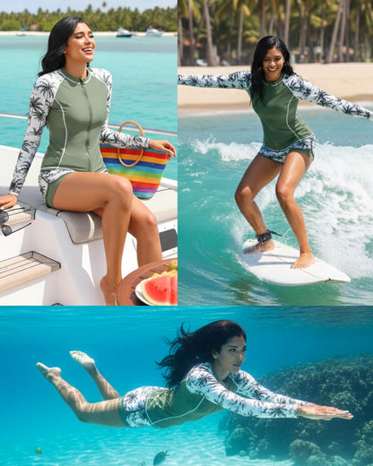 HOTDaci 3 Piece Rash Guard Set with 3'' Shorts | UPF 50+ Sun Protection, Long Sleeve Swim Shirt, High Rise, Built-in Bra, Removable Pads, for Beach, Pool, and Surfing